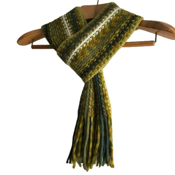 Green Orange White Knitted Fringe Striped Scarf - Picture 3 of 6